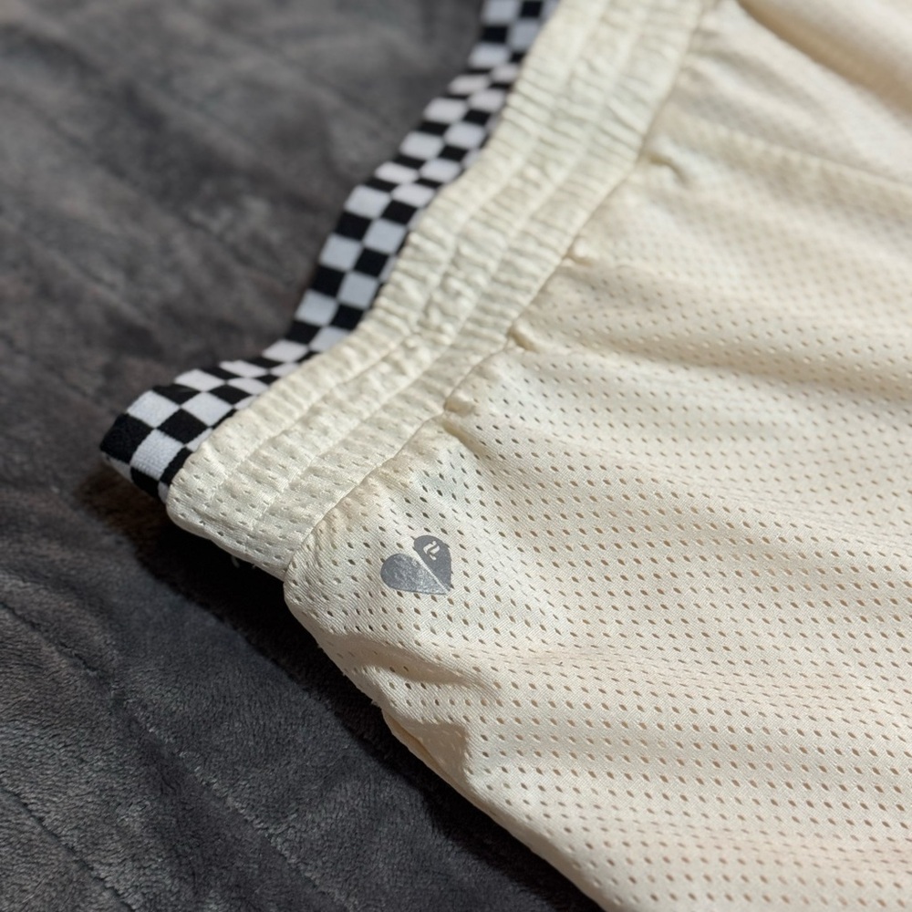 Cream Fabletics Jersey-Style Shorts with Checkered Waistband